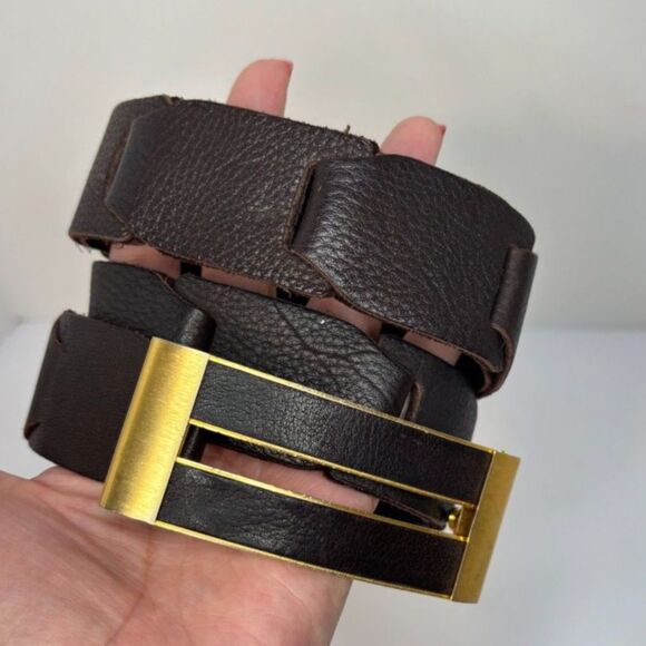 AM & M Brown Leather Gold Buckle Belt Womens - Picture 1 of 5